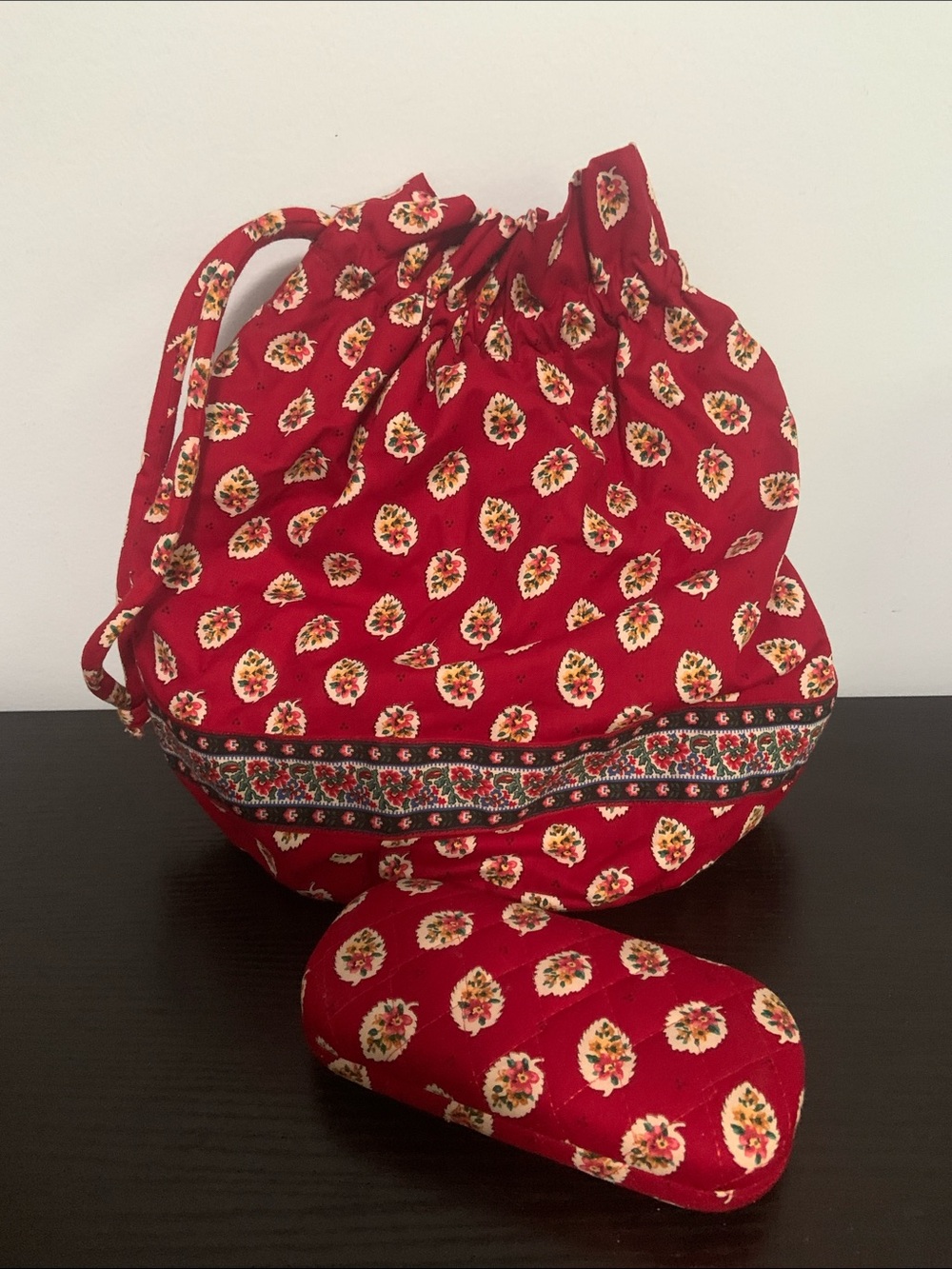 Vera Bradley Red Leaf Pattern Hardshell Eyeglass Case & Lined Drawstring Bag